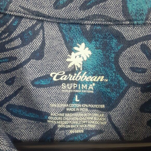 Caribbean Supima Adult Mens L Blue Tropical Floral Polo Shirt - Picture 4 of 8